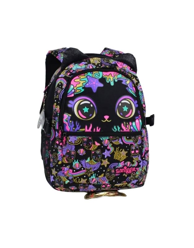 Side angle of Smiggle 15-inch black cat school backpack with 3D ears and colorful print