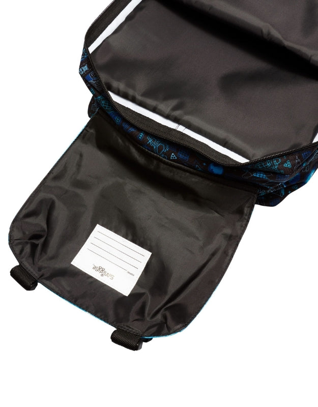 Smiggle blue space backpack interior with a name tag