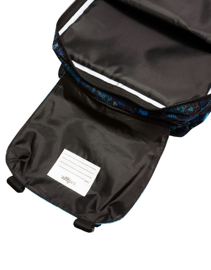 Smiggle blue space backpack interior with a name tag