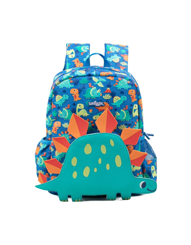 Smiggle dino backpack with a colorful dinosaur print