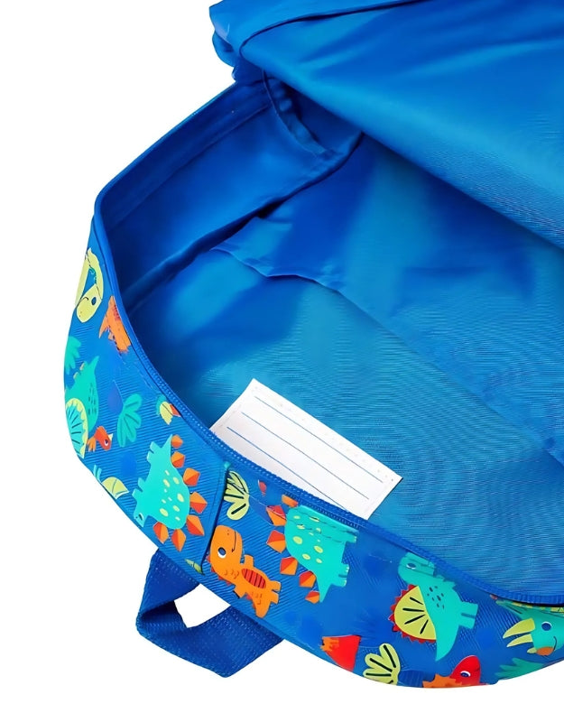 Inside of Smiggle dino backpack with a name tag.