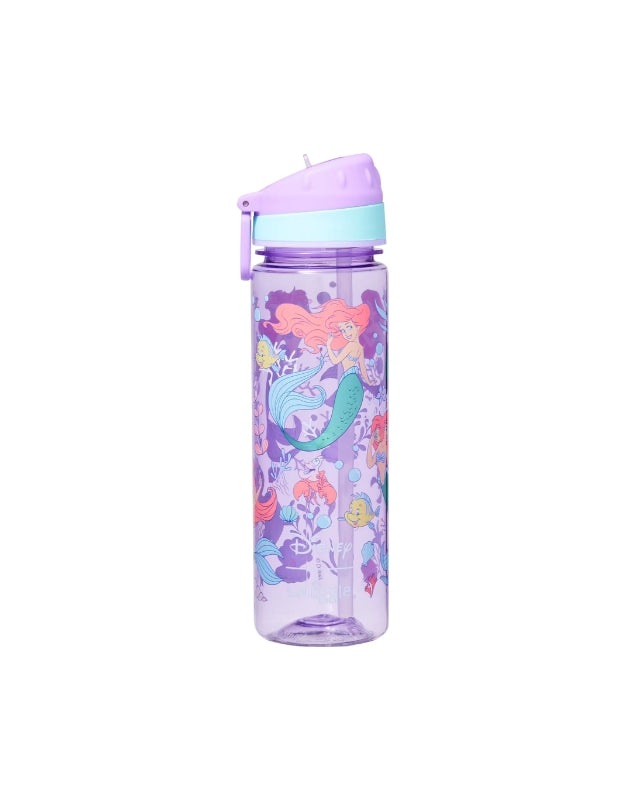 Smiggle Disney Princess drink bottle with Ariel and friends printed on a purple body, lid closed.