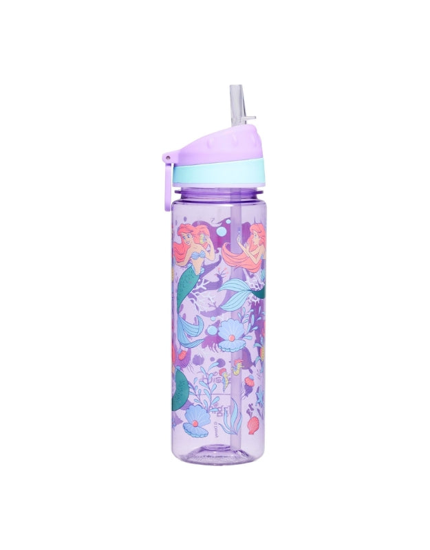 Smiggle Disney Princess bottle with flip-top lid open, featuring mermaid and underwater scene.
