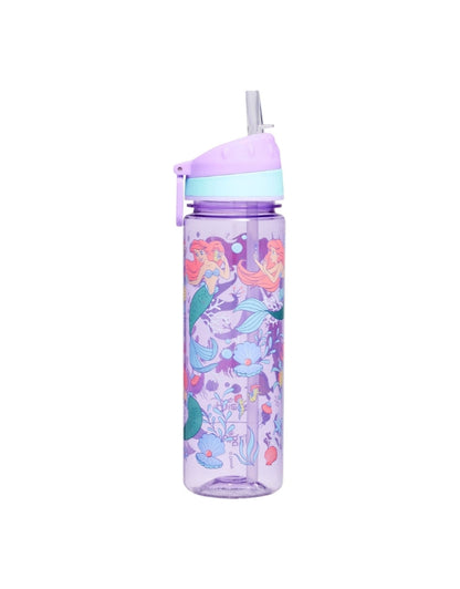 Smiggle Disney Princess bottle with flip-top lid open, featuring mermaid and underwater scene.