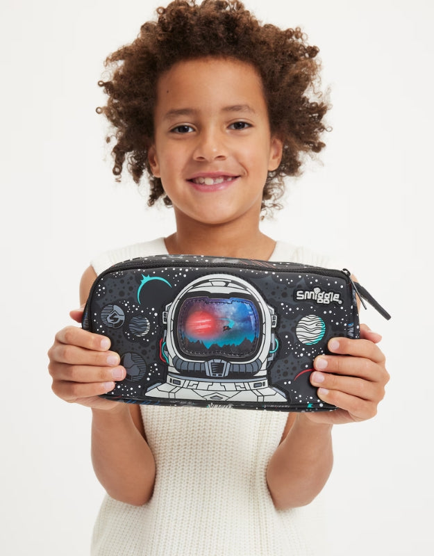 Child holding Smiggle Eclipse Pencil Case with astronaut and space design