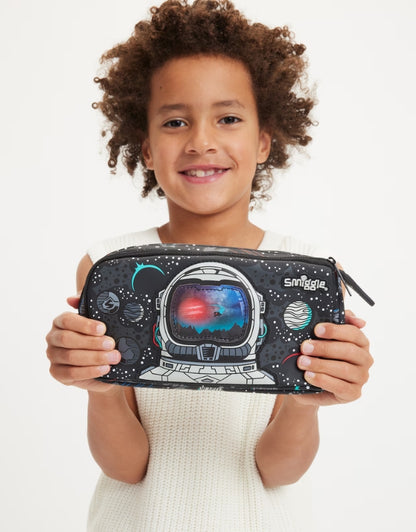 Child holding Smiggle Eclipse Pencil Case with astronaut and space design