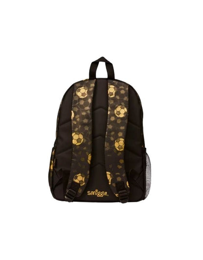 Smiggle 15-inch football school backpack back view with gold soccer pattern straps