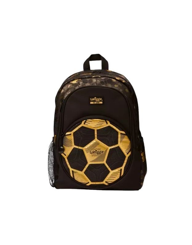 Smiggle 15-inch football school backpack front view with gold soccer ball design
