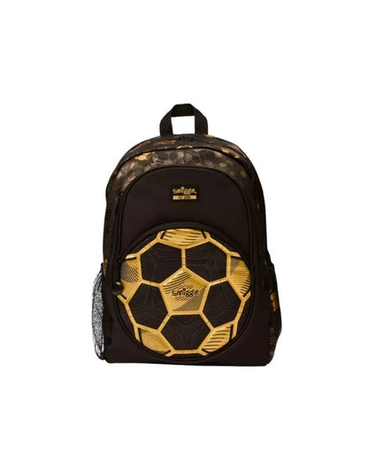 Smiggle 15-inch football school backpack front view with gold soccer ball design