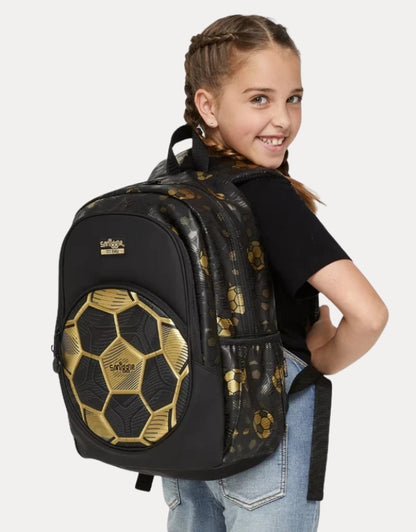 Smiggle 15-inch black and gold football classic school backpack worn by girl

