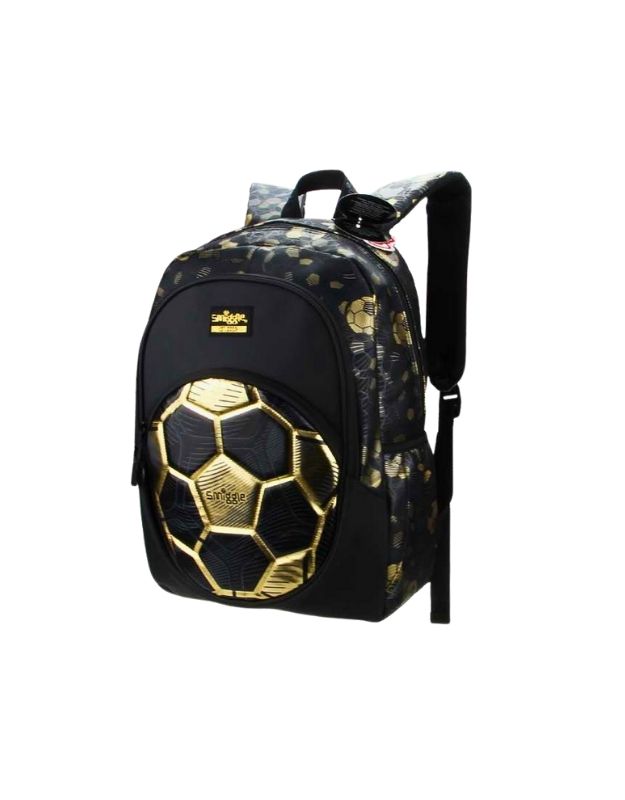 Smiggle 15-inch football school backpack angled side view with black and gold soccer ball design