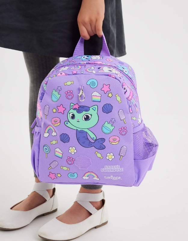 Close-up of Smiggle Gabby’s Dollhouse Nursery Backpack showing front print design with cartoon cat and treats.