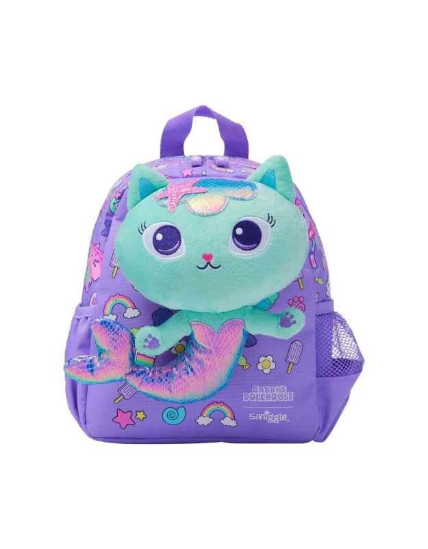 Smiggle Gabby’s Dollhouse Nursery Backpack front view with attached plush mermaid cat toy.