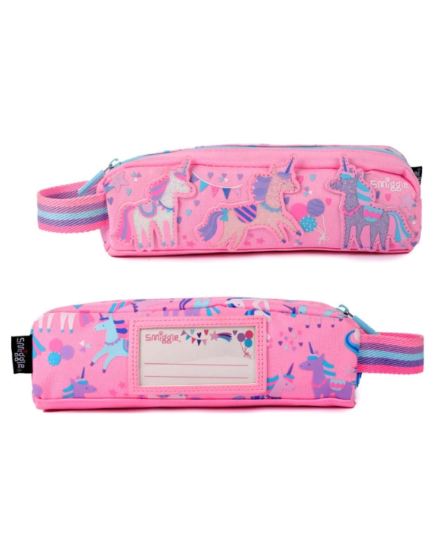 Alternate angle of the back view of the Smiggle Glide Teeny Tiny Character Pencil Case with visible name label and rainbow handle.