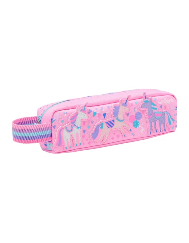Side view of the Smiggle Glide Teeny Tiny Character Pencil Case featuring colorful unicorn designs on a pink background with a rainbow handle.