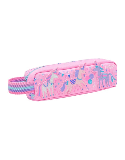 Side view of the Smiggle Glide Teeny Tiny Character Pencil Case featuring colorful unicorn designs on a pink background with a rainbow handle.