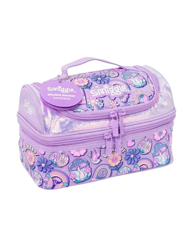 Smiggle Happy Purple Butterfly Double Decker Lunchbox angled view with floral and butterfly print