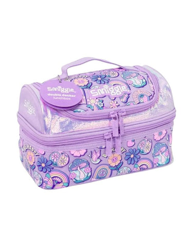 Smiggle Happy Purple Butterfly Double Decker Lunchbox angled view with floral and butterfly print