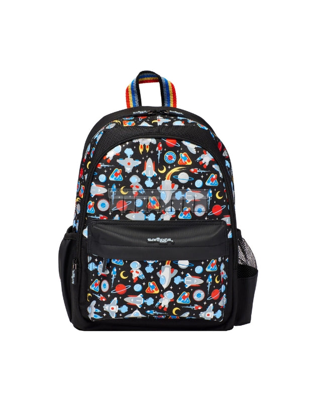 Smiggle Black Lets Play backpack with colorful space print.