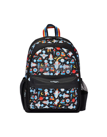 Smiggle Black Lets Play backpack with colorful space print.