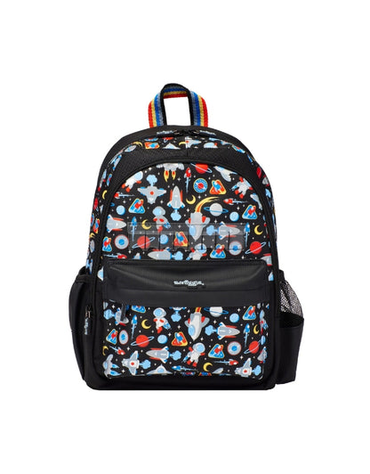 Smiggle Black Lets Play backpack with colorful space print.