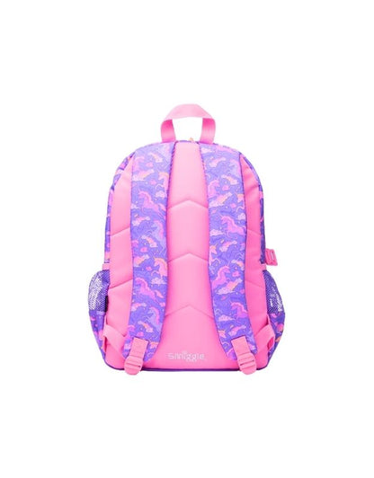 Back view of Smiggle Lilac Eclipse Classic Attach Backpack showing padded pink straps with unicorn print.