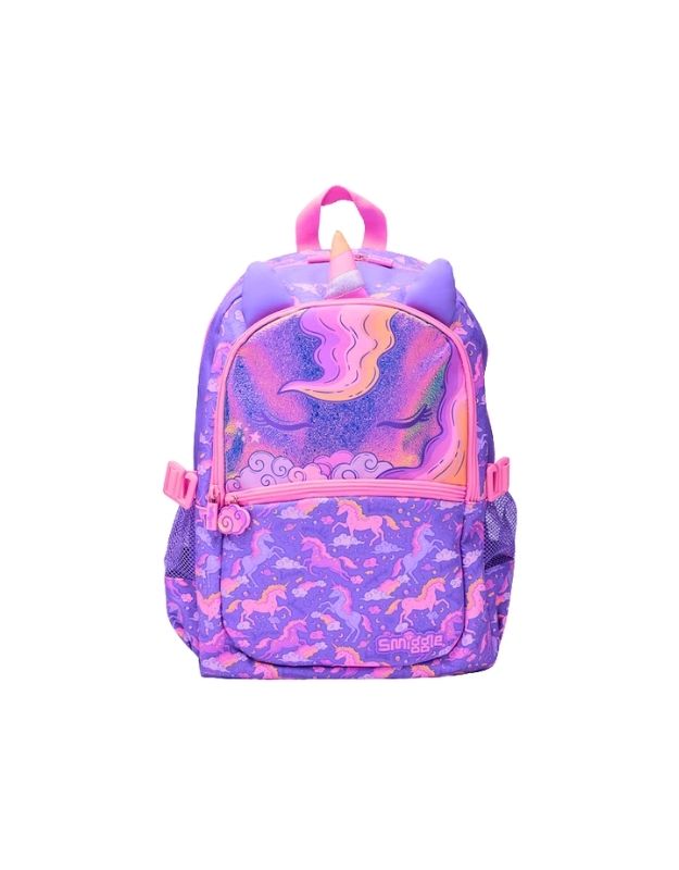 Front view of Smiggle Lilac Eclipse Classic Attach Backpack with glitter unicorn mane design and pink accents