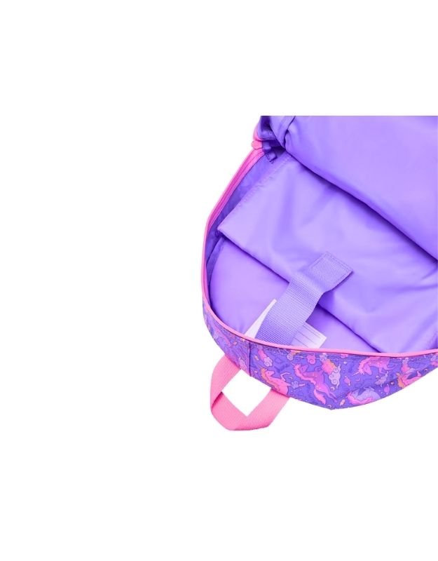 Interior of Smiggle Lilac Eclipse Classic Attach Backpack with spacious main compartment and strap for lunchbox attachment.