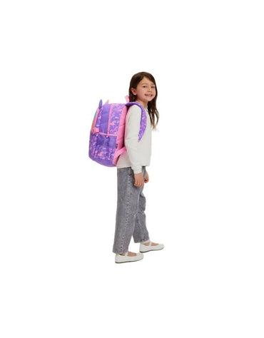 Girl wearing Smiggle Lilac Eclipse Classic Attach Backpack with side view showcasing its unicorn pattern.