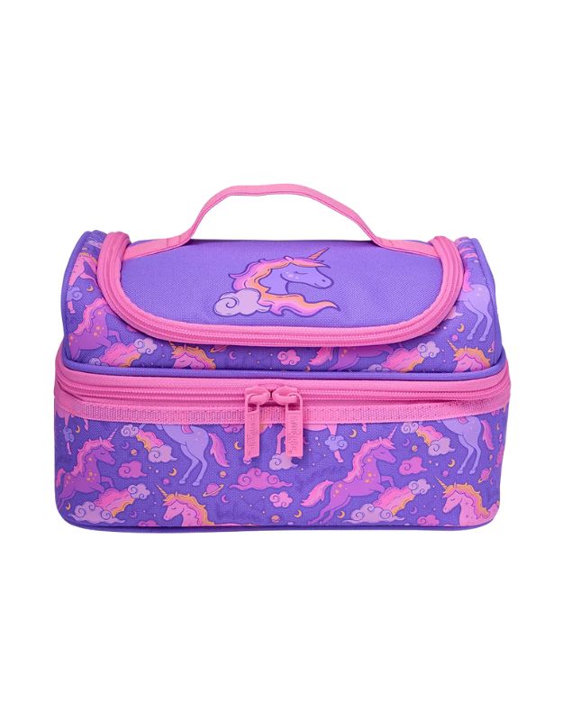 Smiggle Lilac Unicorn Double Decker Lunchbox front view with unicorn pattern