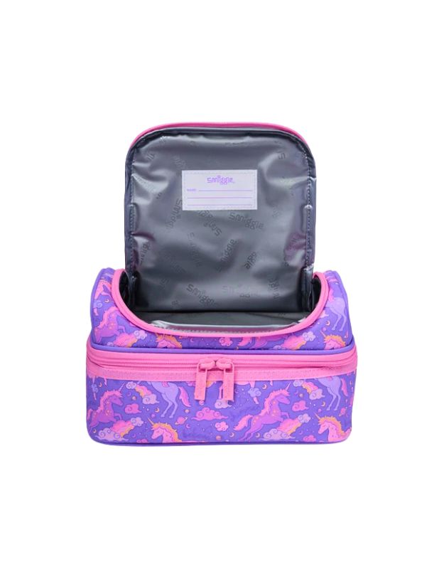 Smiggle Lilac Unicorn Double Decker Lunchbox open view with insulated top section