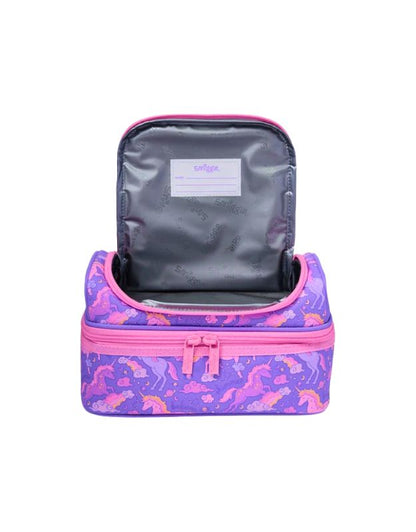 Smiggle Lilac Unicorn Double Decker Lunchbox open view with insulated top section