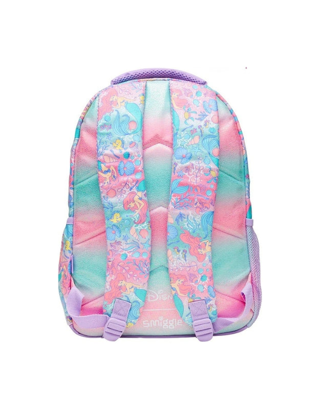 Back view of Smiggle Disney Princess Little Mermaid Classic Backpack with colorful undersea-themed pattern and padded shoulder straps.