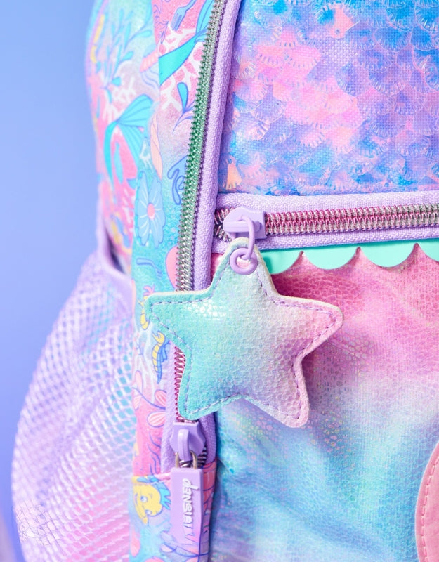 Close-up of glittery star keychain and zipper details on the Smiggle Disney Princess Little Mermaid Backpack with pastel colors and sea-inspired design.