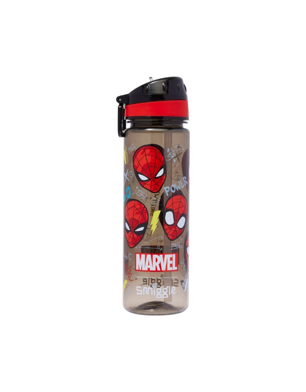 Marvel Smiggle Spider-Man themed plastic water bottle with black and red lid, shown with straw closed.