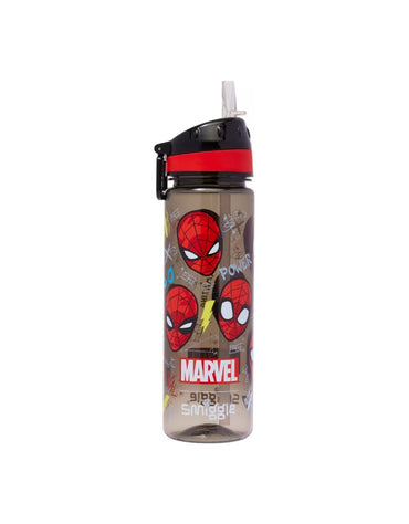 Smiggle Spider-Man drink bottle with straw flipped open, featuring colorful superhero graphics