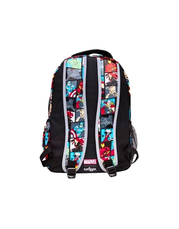 Back view of Smiggle Marvel 15-inch superhero school backpack with padded straps