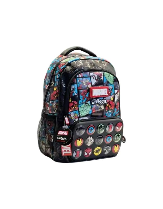 Smiggle Marvel 15-inch superhero backpack front view with Avengers character designs.