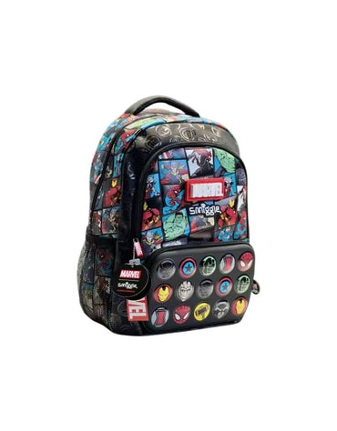 Smiggle Marvel 15-inch superhero backpack front view with Avengers character designs.