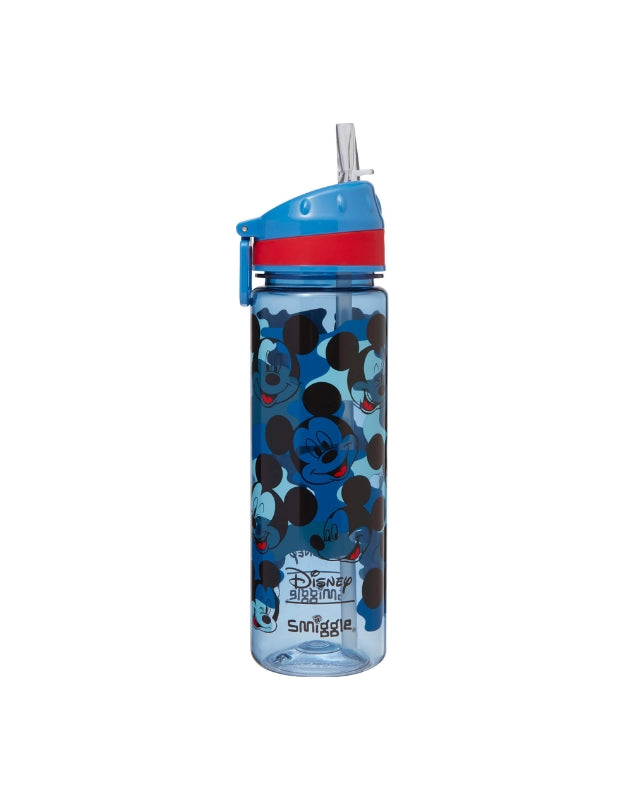 Smiggle Mickey Mouse blue plastic water bottle with open lid and straw – 650ml