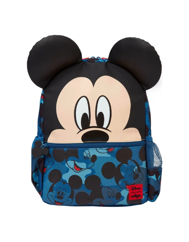 Smiggle Mickey Mouse Print Hooded Backpack in blue with large Mickey face design and padded ears
