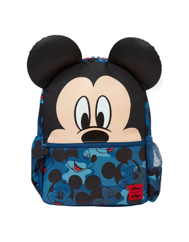 Smiggle Mickey Mouse Print Hooded Backpack in blue with large Mickey face design and padded ears