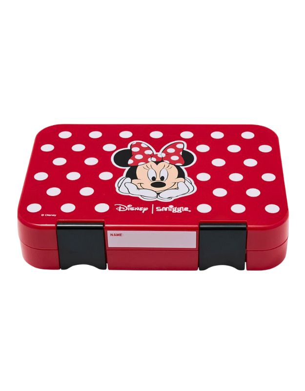 Smiggle Minnie Mouse Happy Medium Bento Lunchbox closed with name label section