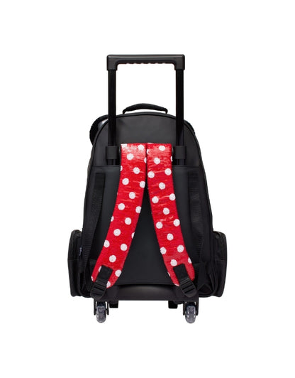 Back view of Smiggle Minnie Mouse trolley backpack showing straps and handle system.