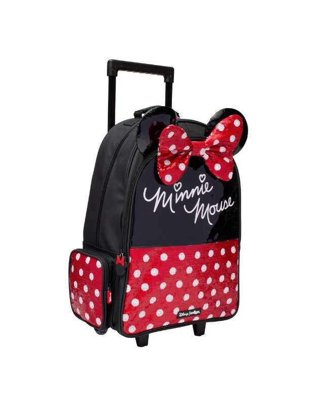 Side angled view of Smiggle Minnie Mouse trolley backpack with side pockets and red bow.