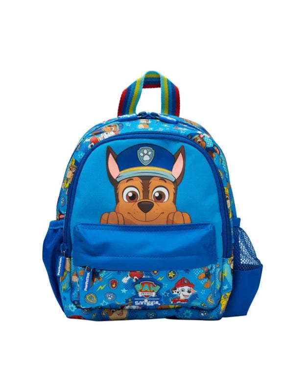 Smiggle Paw Patrol toddler backpack front view in blue featuring Chase character print.