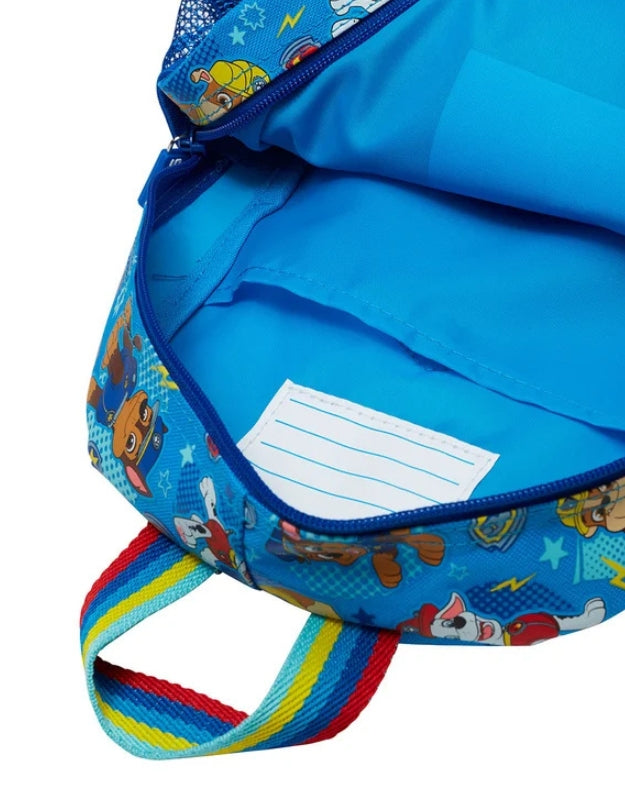 Inside view of Smiggle Paw Patrol toddler backpack with blue lining and name tag label