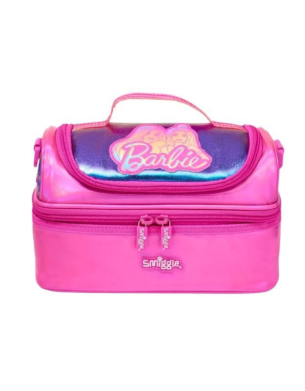 Smiggle Pink Barbie Double Decker Lunchbox front view with Barbie logo