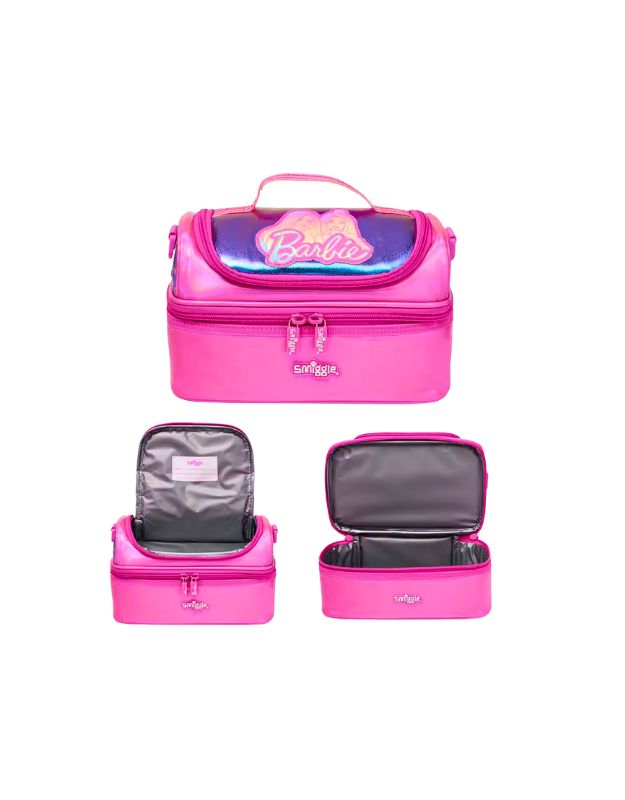 Smiggle Pink Barbie Double Decker Lunchbox multiple angles with open compartments