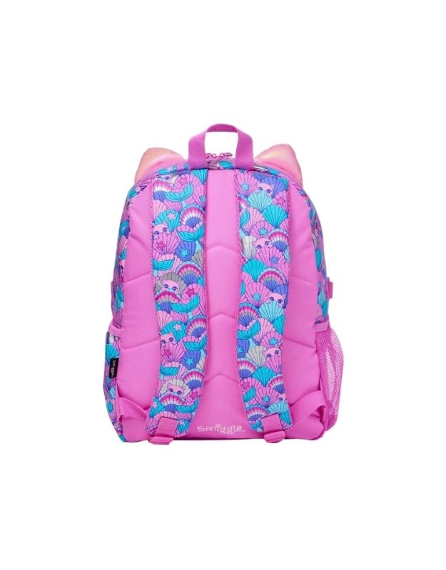 Back view of Smiggle 15-inch pink cat face attach school backpack with adjustable straps.